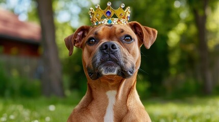 Fototapeta premium A photostock images of a boxer with a small crown, sitting in a sun-dappled garden with a serious expression. High Quality Dog Image