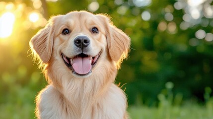 Obraz premium A photostock images of a fluffy dog sitting outdoors with warm sunlight glowing through the trees behind it. High Quality Dog Image