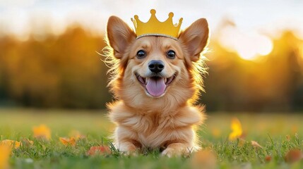 A photostock images of a fluffy dog wearing a crown and sitting elegantly on a grassy field with a blurred autumn backdrop. High Quality Dog Image