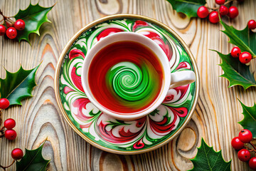 festive cup and saucer with swirling green and red drink, surrounded by holly