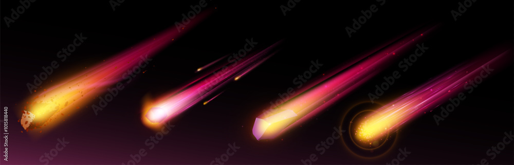 Poster comet or asteroid fire light trail in space vector. meteorite fall with flame speed. 3d realistic fi