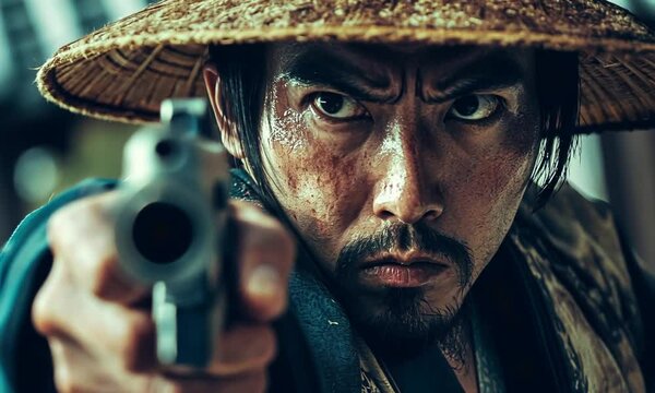 asian man in traditional japanese hat and with a gun in the forest
