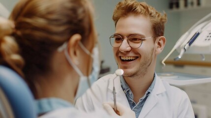 Obraz premium Dentist showing a patient how to care for their teeth after a root canal
