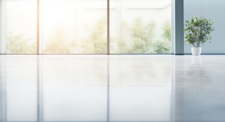 Fototapeta premium Blurred background of a modern office interior with glass windows and a polished concrete floor