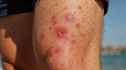 Fototapeta premium Skin infection on arm showing red, inflamed pustules and rash, indicating possible bacterial folliculitis or insect bites, close-up view of dermatological condition