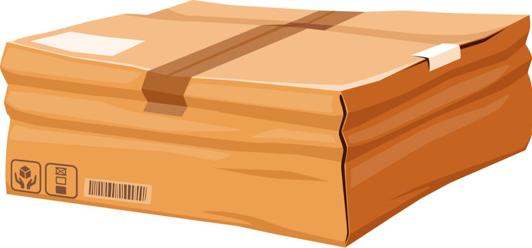 Damaged and crumpled cardboard box. Isolated cartoon vector broken, crushed and ripped package indicating mishandling or rough delivery process, issues in shipping, logistics and postal services