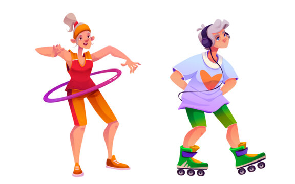 Old senior woman exercise for physical health. Elder people in gym. Happy grandmother with hoolahoop and rollers isolated collection. Elderly positive character. Lifestyle for strength and energy