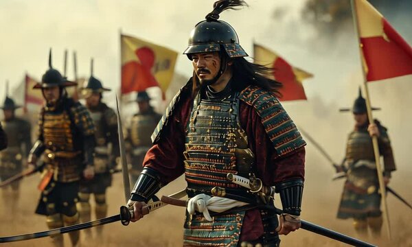 japanese soldiers and samurai sword in the background