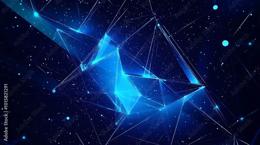 Poster abstract blue glowing geometric shapes in a dark background with connected lines and dots.