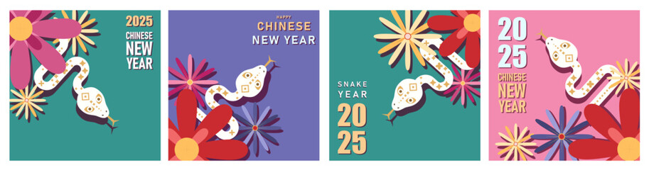 Set of 2025 Chinese new year, year of the snake template design with white snakes and beautiful flowers background