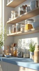 Blurred blue kitchen countertop with cooking utensils and ingredients on the shelves in a modern interior background, suitable for product display