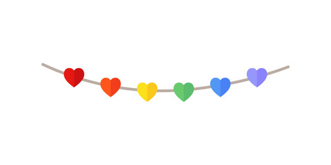 Hanging rainbow heart border decoration. Romance, valentine, love concepts. Flat decorative vector design isolated illustration.