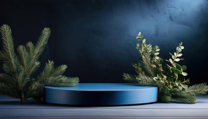 Minimalist backdrop with blue podium against dark charcoal background adorned with greenery.