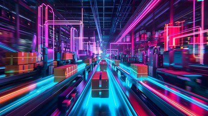 Long time exposure photography of a packaging station in a high-tech production line, bathed in vibrant neon lights