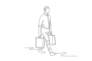 Man shopping using shopping bag. Shopping with bags concept one-line drawing