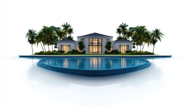 A photostock images of a luxury tropical villa with a pool surrounded by palm trees on a clean white background High Quality