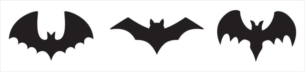 Bats silhouette vector set. Scary, spooky, and cute bat. Halloween bats collection. Vector illustration design template for stencil, wall decor, door decoration, sticker. Isolated on white background.