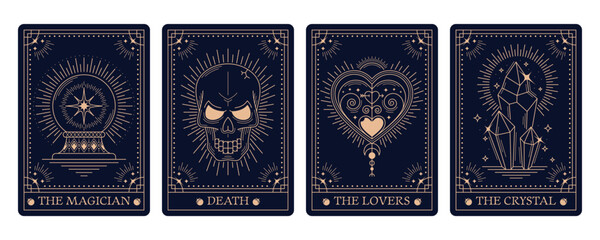 Magic occult Tarot cards in mystic esoteric frames with arcana symbols, vector decks covers. Tarot cards with prediction signs of skull death, heart lovers or magician and crystal for reverse decks