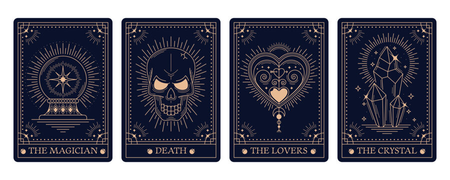 Magic occult Tarot cards in mystic esoteric frames with arcana symbols, vector decks covers. Tarot cards with prediction signs of skull death, heart lovers or magician and crystal for reverse decks