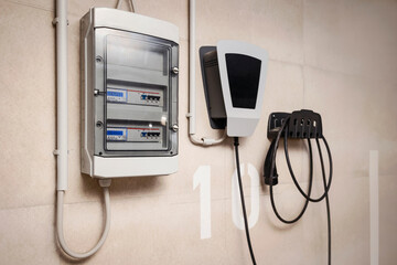 EV Charging Station with EV Electric Panel Meter Electrical Counter for Each User. Private Car Charging Point. Enectric Meter for ev Charging Metering.