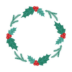 Naklejka premium Round Christmas Frame with holly. Winter frame with empty space for text. Christmas and New Year. Isolated vector illustration.