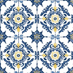 Playful Seamless Pattern with Intricate Blue and Yellow Floral and Geometric Motifs on a White Background, Tile Design, Featuring Symmetry and Ornamental Details