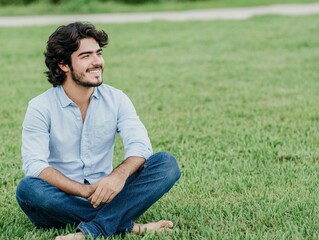 Young Man Relaxing on Grassy Field with a Smile in Casual Attire