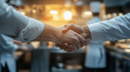 A handshake in a brightly lit kitchen of a restaurant, with chefs and staff working in the background, symbolizing a restaurant or hospitality industry deal.
