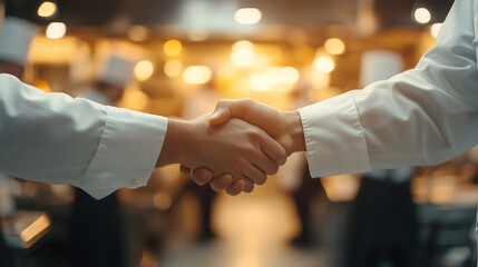 A handshake in a brightly lit kitchen of a restaurant, with chefs and staff working in the background, symbolizing a restaurant or hospitality industry deal.