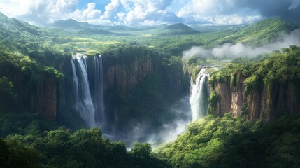 Fototapeta premium Majestic Twin Waterfalls in Lush Green Valley