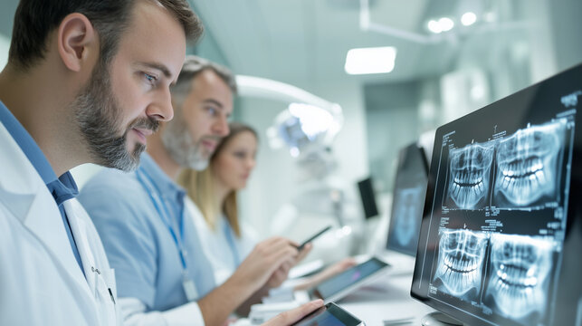 A group of dental care professionals and medical experts reviewing patient X-rays and dental charts on tablets during a healthcare conference, discussing advanced treatment options