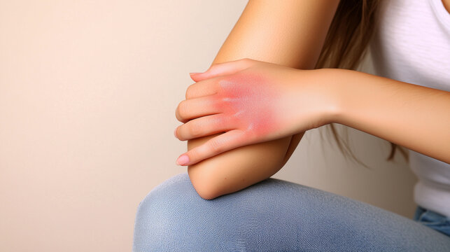 A close-up of a young woman&Atilde;&cent;&Acirc;&Acirc;s arm with an inflamed red rash caused by an allergic reaction to an insect bite. Her hand is mid-motion as she scratches the irritated skin.