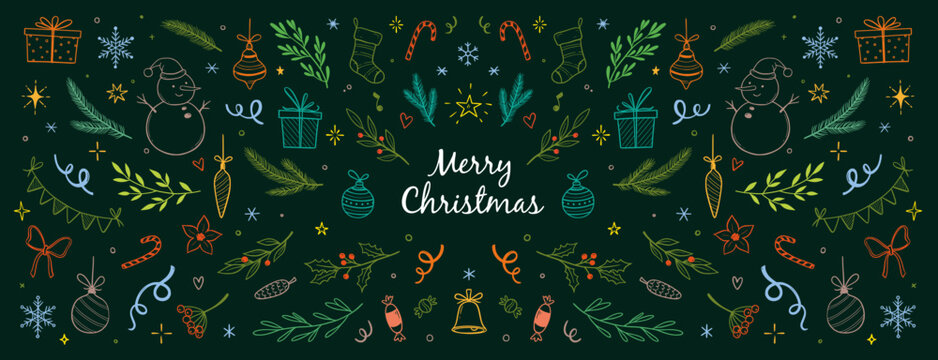 Christmas drawn holly line decor, pine branch, snowflake background. Hand drawn doodle sketch holly floral, christmas tree leaves, winter pine. Holiday ornament sketch doodle. Vector illustration