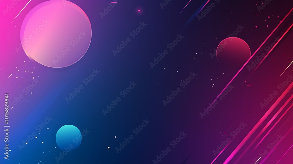 Poster abstract background with pink, blue, and red circles and diagonal lines on a dark blue and purple gr