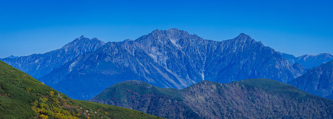 左から　槍ヶ岳・西穂高岳・奥穂高岳・吊尾根・前穂高岳・明神岳　乗鞍岳位ヶ原から撮影
