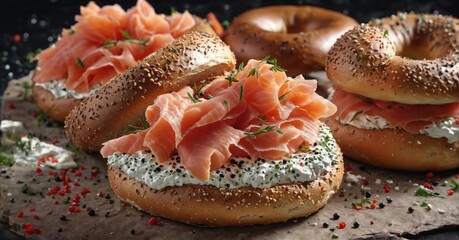 Freshly baked bagels with cream cheese, smoked salmon