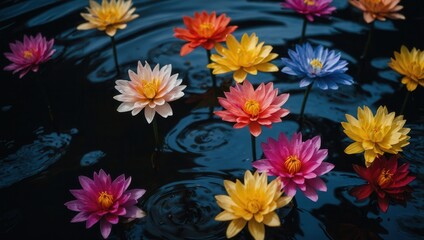 Obraz premium Colorful water lilies floating on still water at dusk