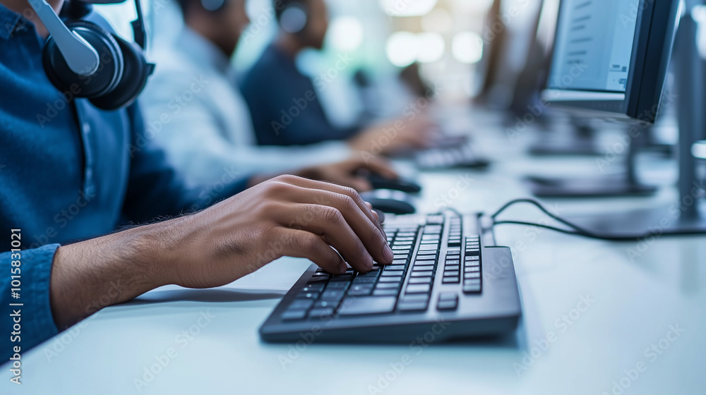 Poster a close-up of a young manã¢ââs hands typing on a keyboard in a call center, with his headset micro