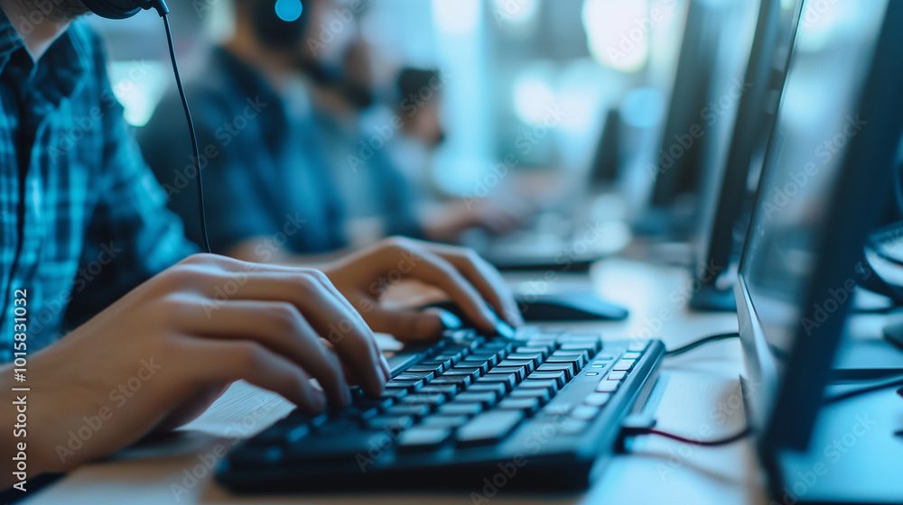 Poster a close-up of a young manã¢ââs hands typing on a keyboard in a call center, with his headset micro