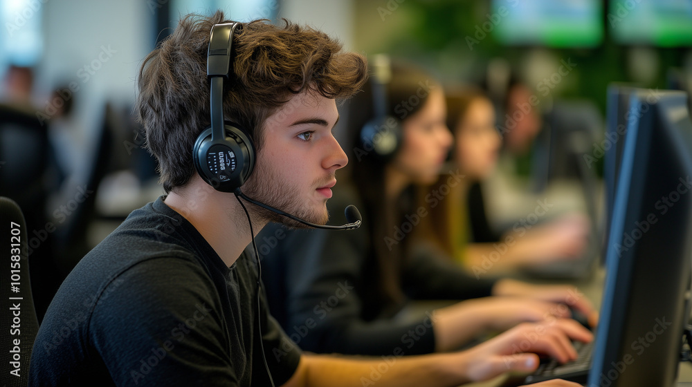 Poster a dynamic call center office filled with young men and women handling customer support calls. each w
