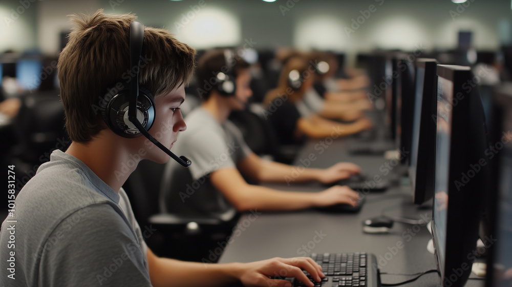Poster a dynamic call center office filled with young men and women handling customer support calls. each w