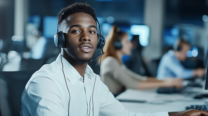 A young man technical support agent sits at his desk, wearing a headset and speaking calmly with a customer, while his coworkers, also in headsets, type and communicate in the back
