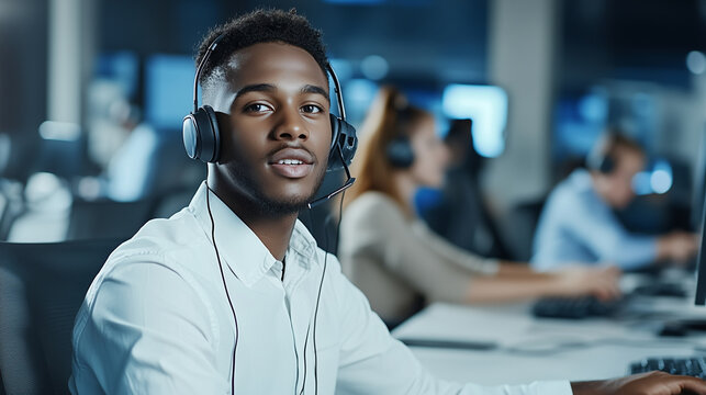 A young man technical support agent sits at his desk, wearing a headset and speaking calmly with a customer, while his coworkers, also in headsets, type and communicate in the back