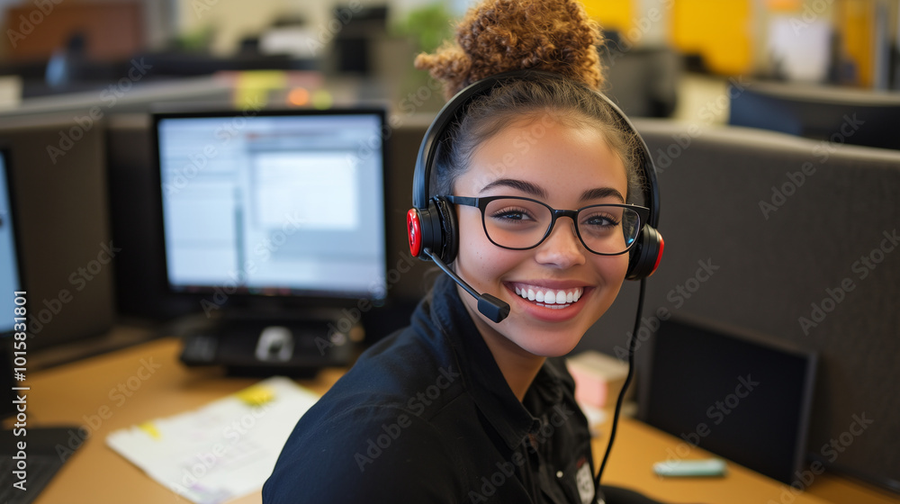 Poster a young woman call center agent, wearing a headset and smiling while helping a customer, with her de
