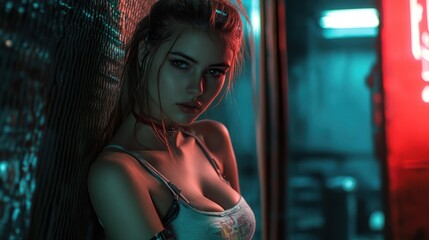Fototapeta premium Woman Portrait in a Neon-lit City