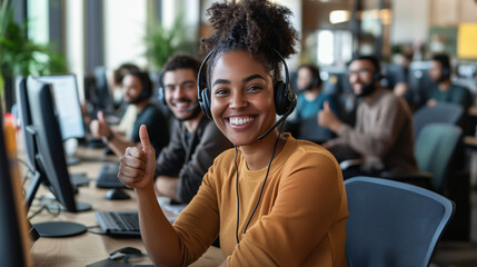 A diverse group of call center workers wearing headsets, all smiling and giving enthusiastic thumbs up in front of their computer screens, with a bright, energetic office environme