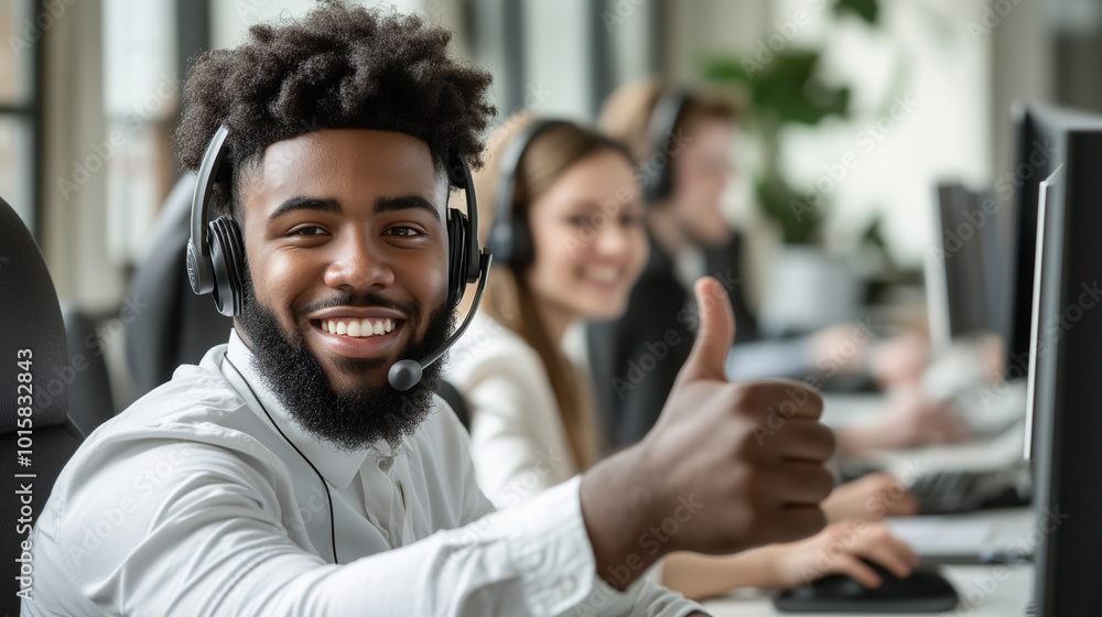 Poster a close-up of several call center workers from different ethnicities, smiling and wearing headsets, 