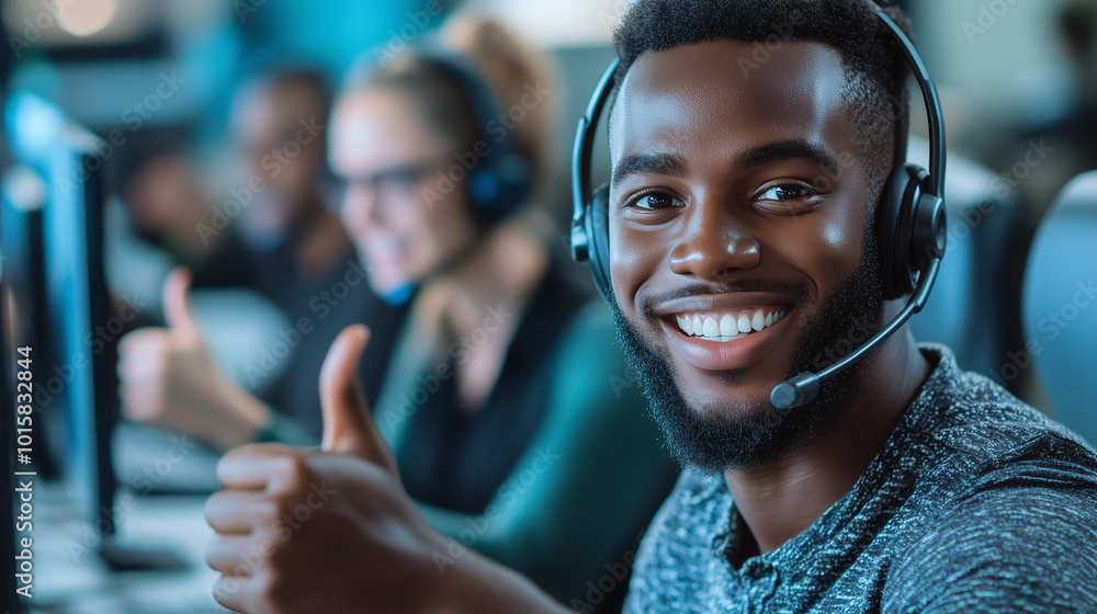 Poster a close-up of several call center workers from different ethnicities, smiling and wearing headsets, 