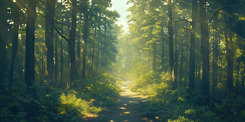 Anime cartoon style woodland forest background banner, green trees backdrop wallpaper