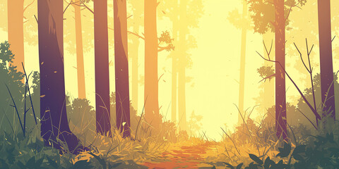 Anime cartoon style woodland forest background banner, green trees backdrop wallpaper